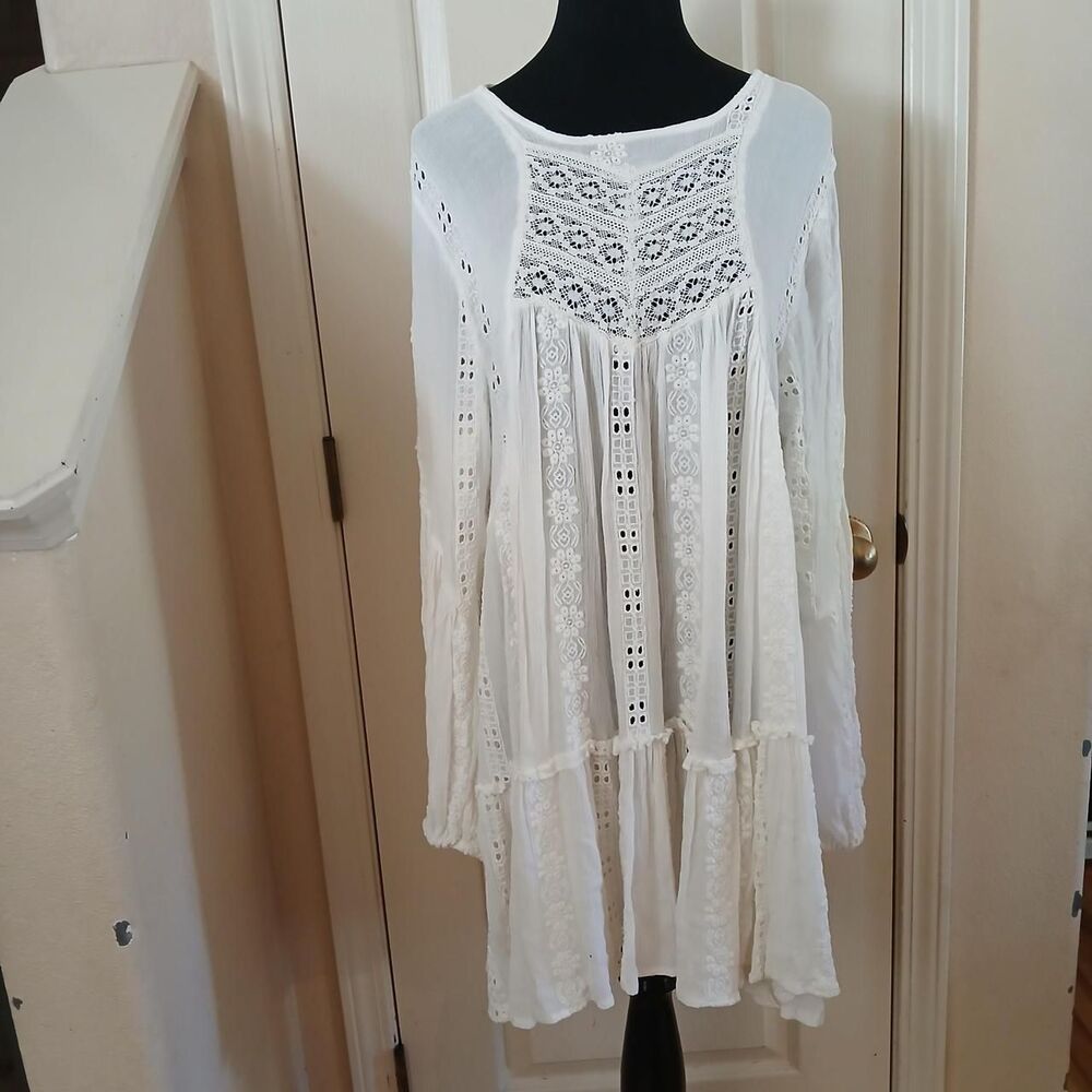 Free People Kiss Kiss Embroidered Lace Tunic Dress L Boho Festival Cottage Fairy